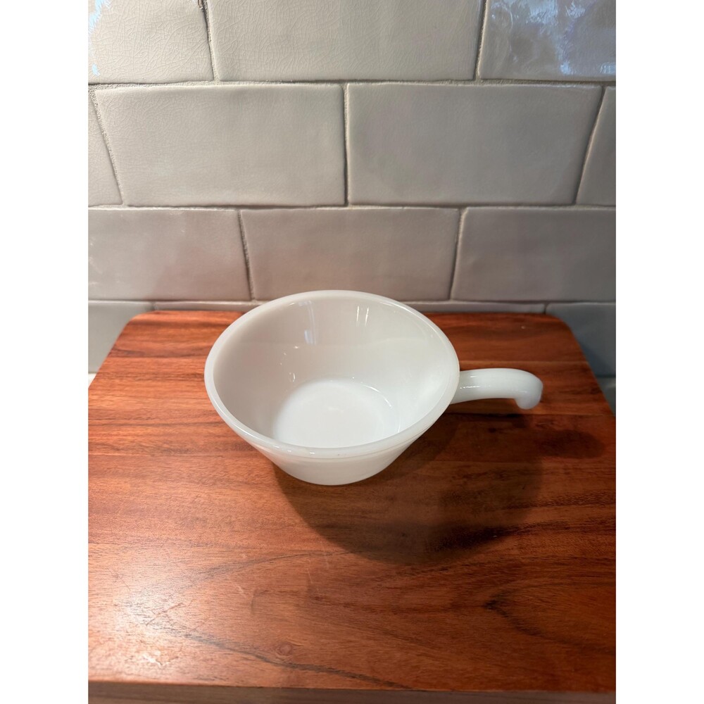 Vintage Fire-King Milk Glass Handled Soup Bowl, White Anchor Hocking Chili Crock